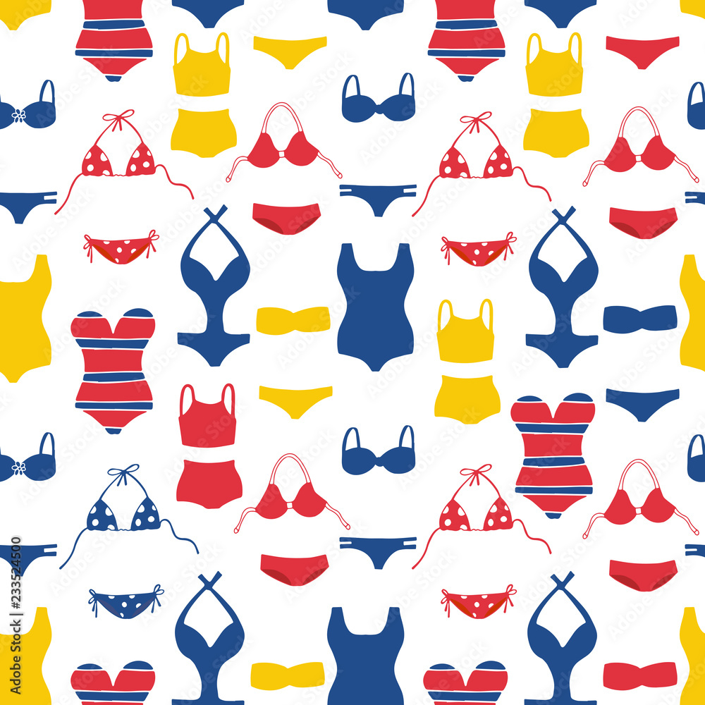 Bright summer Swimsuits on white background. Vector seamless pattern.