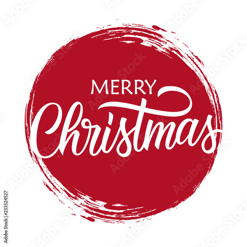 Merry Christmas handwritten inscription on red circle brush stroke background. Creative design for christmas holiday greetings and invitations. Vector illustration.