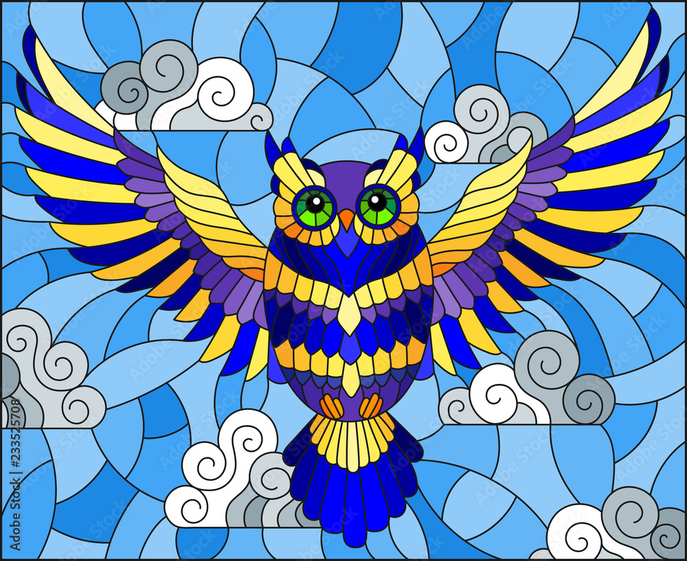 Illustration in stained glass style with abstract blue owl flying on sky background with clouds 