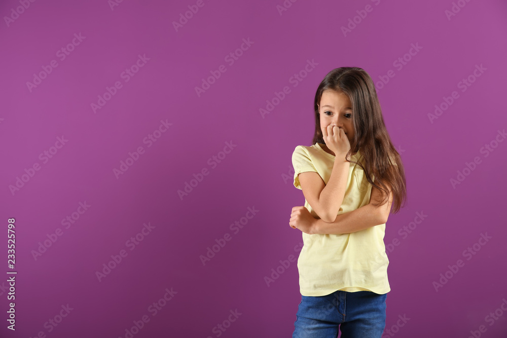 Emotional girl after making mistake on color background Emotional girl after making mistake on color background