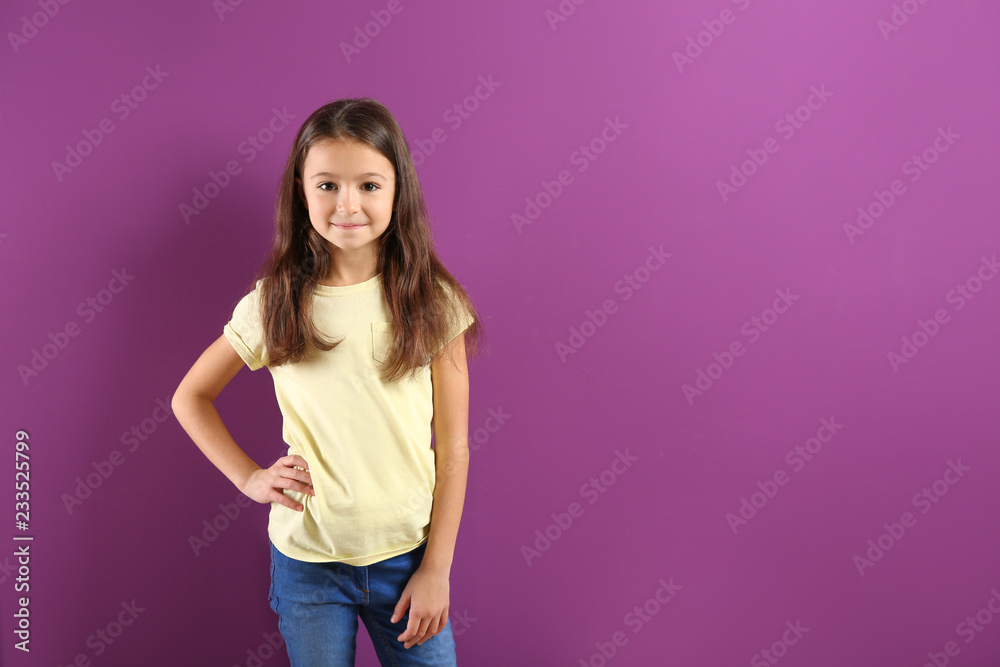 Cute girl in t-shirt on color background Cute girl in t-shirt on color background