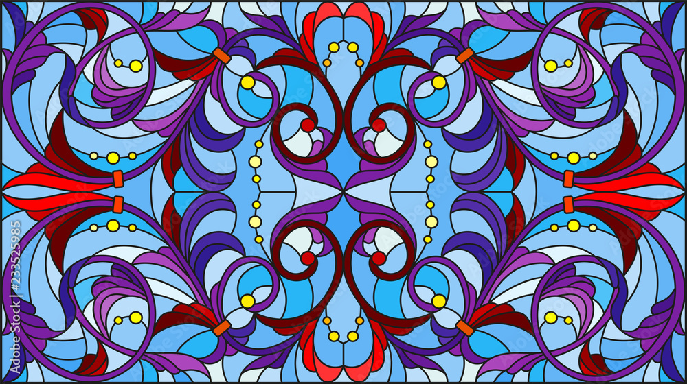 Fototapeta premium Illustration in stained glass style with abstract flowers, leaves and curls on blue background, horizontal orientation