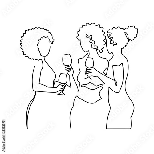 Girls drinking alcohol continuous one line vector drawing