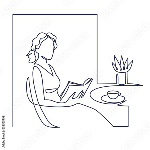Young woman reading book continuous one line vector drawing