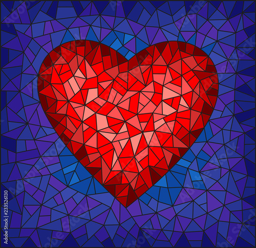 Illustration in stained glass style with abstract red heart on blue background, rectangular image