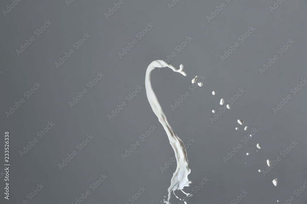 Fototapeta premium Splash of milk on grey background