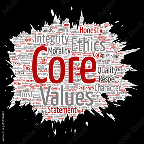 Vector conceptual core values integrity ethics paint brush paper concept word cloud isolated background. Collage of honesty quality trust, statement, character, perseverance, respect and trustworthy