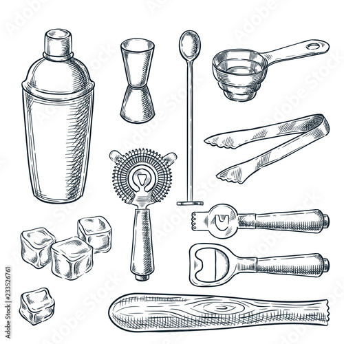 Cocktail bar tools and equipment vector sketch illustration. Hand drawn icons and design elements for bartender work photo