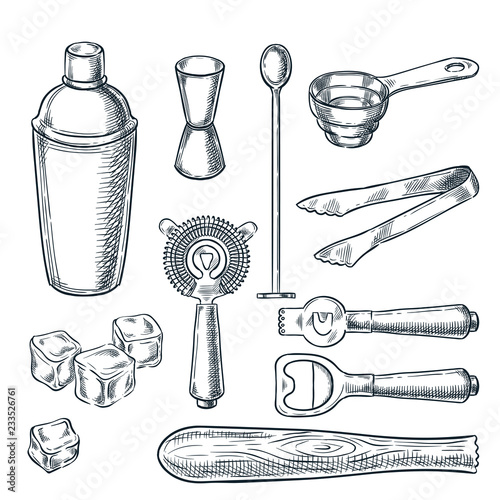 Cocktail bar tools and equipment vector sketch illustration. Hand drawn icons and design elements for bartender work