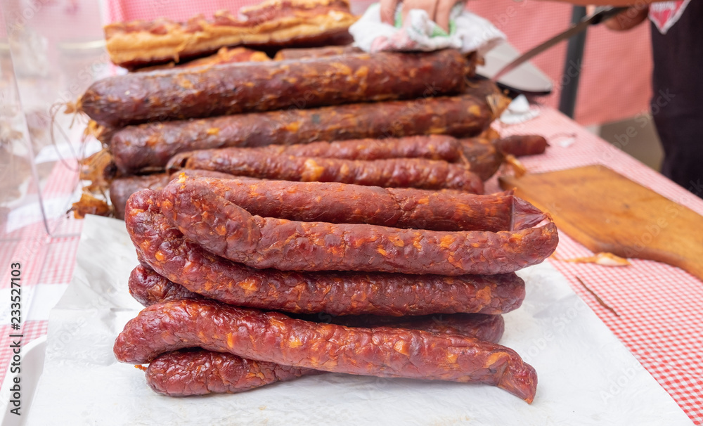 Homemade sausages for sale at local street market. Rijeka town. Croatia