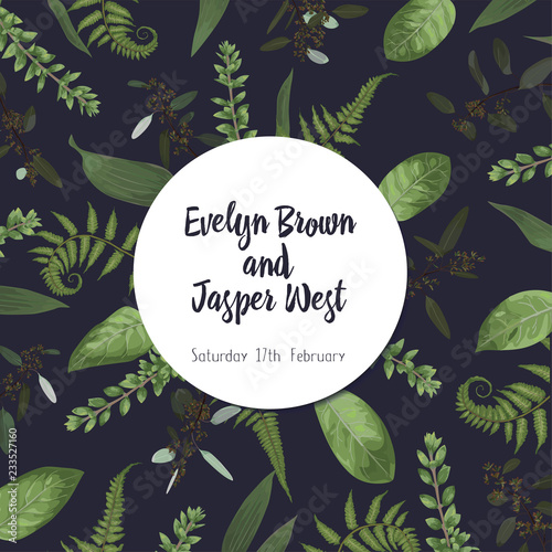 Wedding floral invitation, invite card. Vector watercolor set green forest fern, herbs, eucalyptus, branches boxwood, buxus. Natura, botanical green decorative round frame, border, circle