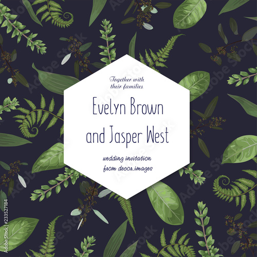 Wedding floral invitation. Vector watercolor green forest leaf, fern, branches boxwood, buxus, eucalyptus. Flowers of yellow, white lily, gerbera, dahlia. Hexagon frame, border