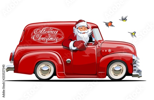 Cartoon retro Christmas van with Santa Claus