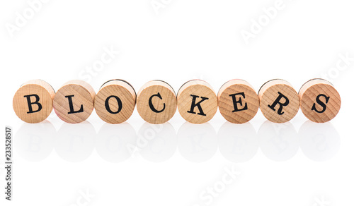 Word Blockers from circular wooden tiles with letters children toy. photo