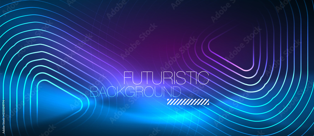 Neon glowing techno lines, hi-tech futuristic abstract background template with geometric shapes