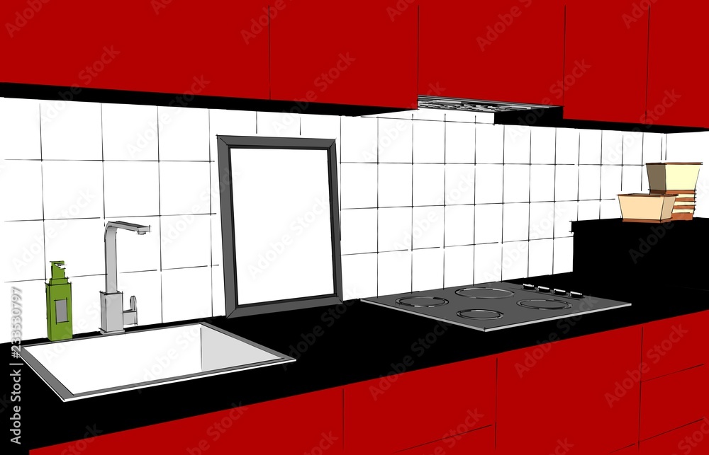 Frame in a kitchen mock-up design concept. Red cabinets, sink, tap, built in cooket hood and hob, tableware and tiled splashback. Frame in a kitchen mock-up design concept. Red cabinets, sink, tap, built in cooket hood and hob, tableware and tiled splashback.