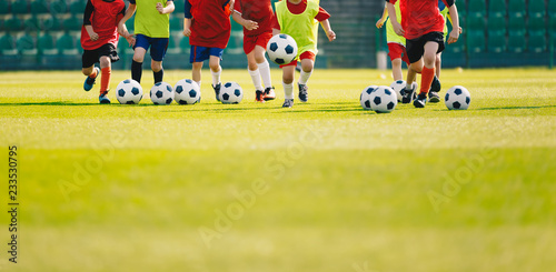 Fototapeta Naklejka Na Ścianę i Meble -  Children play soccer at grass sports field. Football training for kids.  Children running and kicking soccer balls at soccer pitch. Soccer background with copy space on the bottom