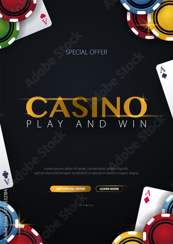 Casino banner with casino chips and cards. Poker club texas holdem. Vector illustration.