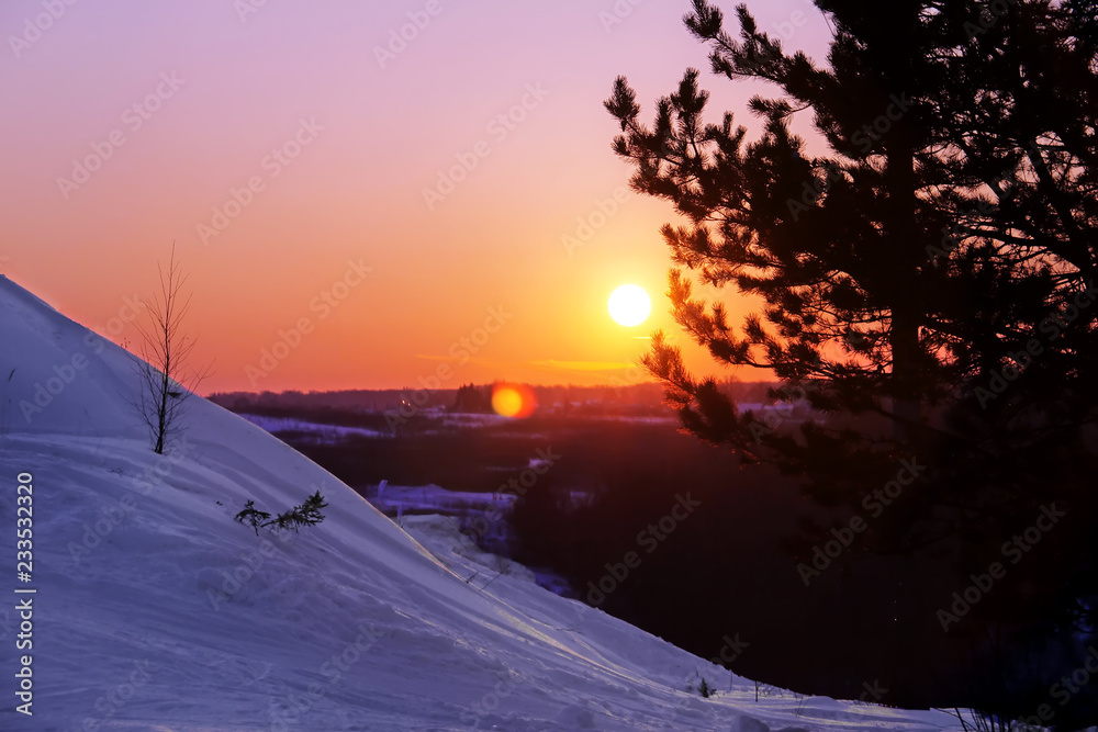 Winter landscape on the mountainside. On the Sunset. Forest in the background. Christmas tree in the foreground
