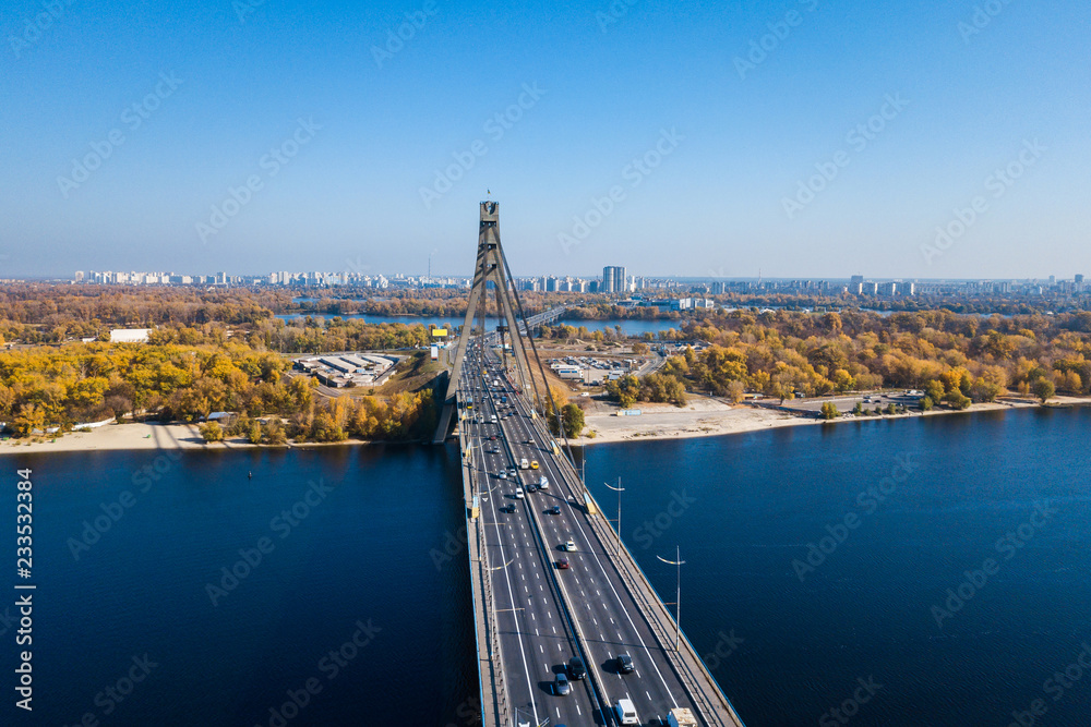 Aerial: The Pivnichniy bridge in Kyiv, autumn time