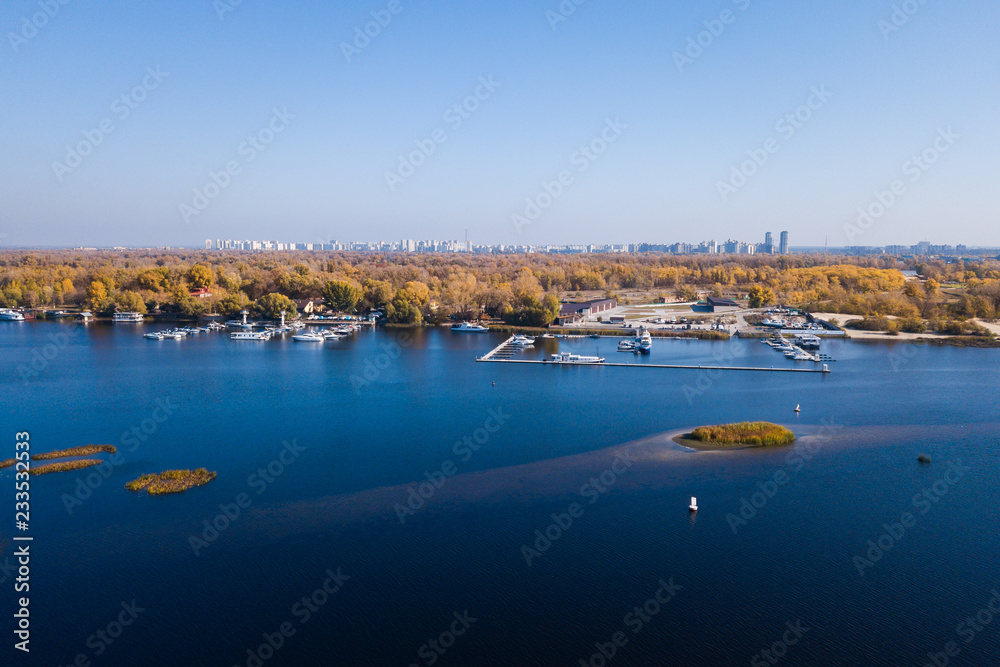 Aerial: Yachts in the bay in Kyiv, autumn time