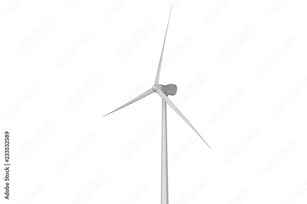 Single wind turbine isolated on white background - wind power industrial illustration, 3D illustration Single wind turbine isolated on white background - wind power industrial illustration, 3D illustration