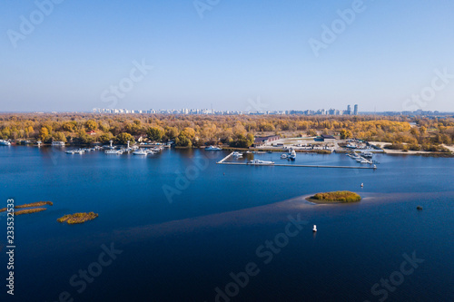 Aerial: Yachts in the bay in Kyiv, autumn time