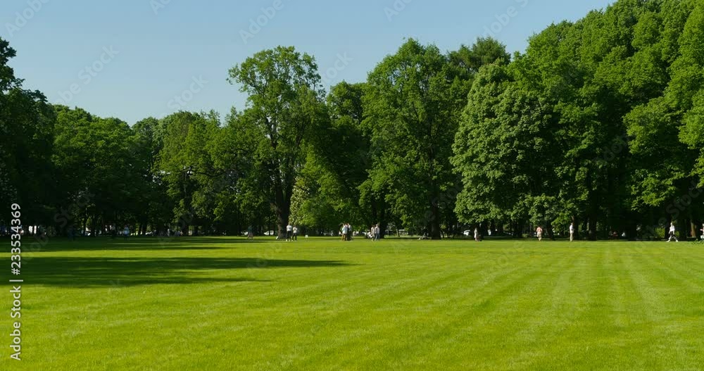 Unrecognizable people walk in a beautiful green park in the shade of trees, warm summer day Unrecognizable people walk in a beautiful green park in the shade of trees, warm summer day