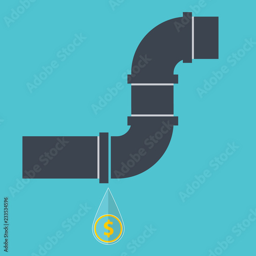 Broken pipe with leaking water, flat style vector illustration.