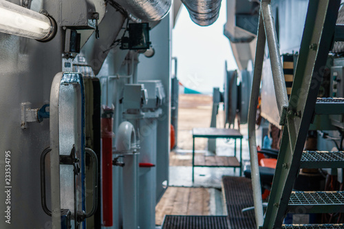 View of ship's or vessel deck. Marine job onboard.