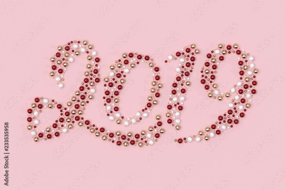Minimal christmas background composition. 2019 text with scattered red, gold, white decoration balls and stars on pastel pink background. 3D rendering. Minimal christmas background composition. 2019 text with scattered red, gold, white decoration balls and stars on pastel pink background. 3D rendering.
