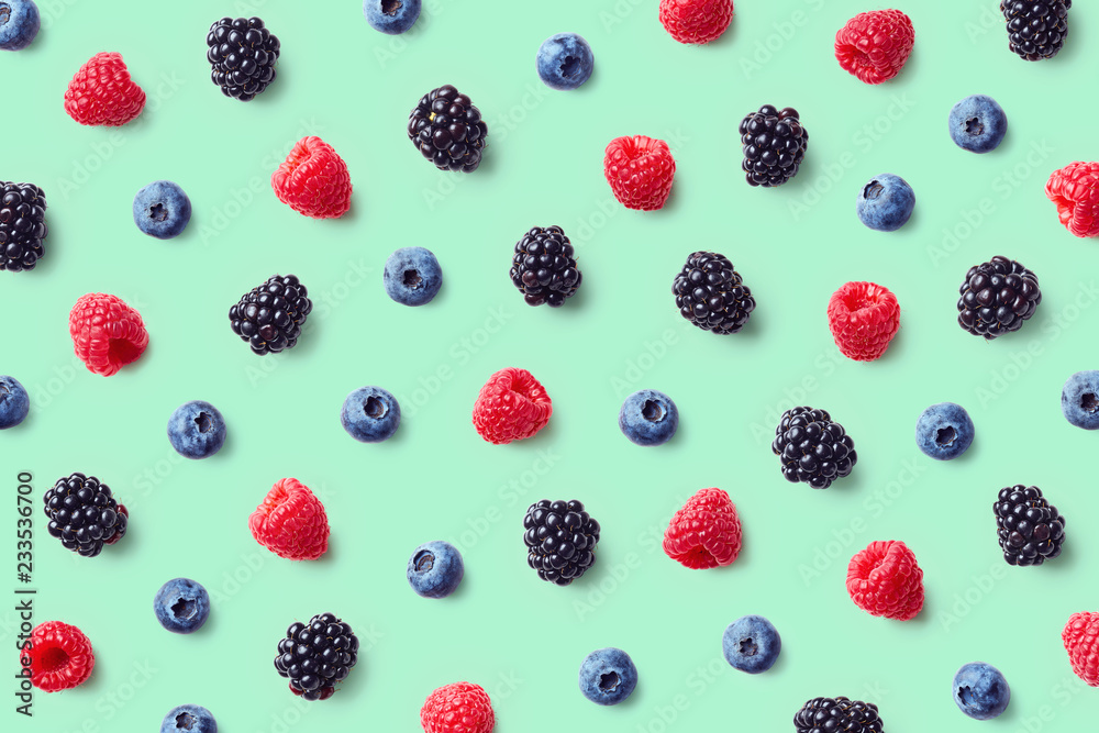 Colorful fruit pattern of wild berries - obrazy, fototapety, plakaty 
