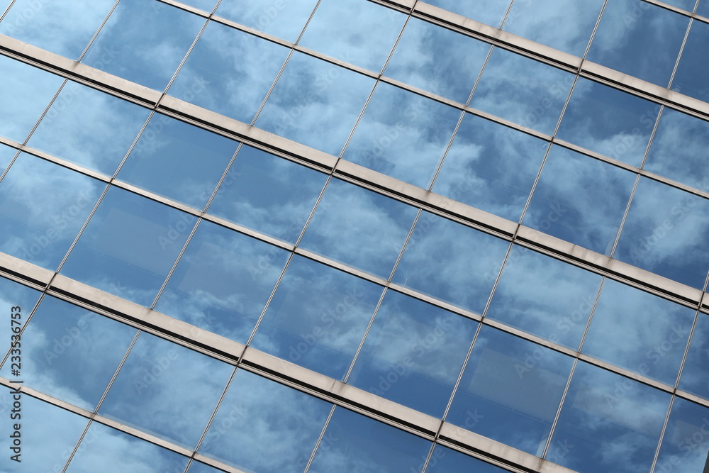 custom made wallpaper toronto digitalGlas facade with reflection of blue sky and clouds on a business building in Ginza district, Tokyo, Japan