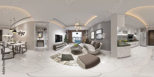 360 Degrees Home Interior, Rendering 3D.