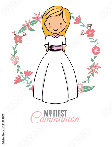 my first communion girl. beautiful girl with communion dress and flower frame