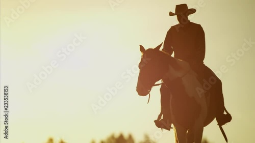 Sunset silhouette of cowboy riders forest wilderness area Canada photo