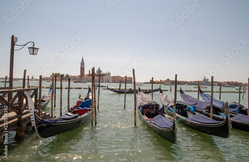 View of the Venetian Lagoon with gondolas and Island of St. George in the background, Venice, Veneto, Italy