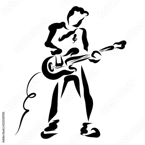 young modern man playing an electric guitar, black pattern