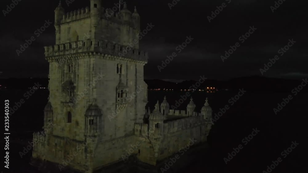 Belem Tower aerial view at night, Lisbon Belem Tower aerial view at night, Lisbon