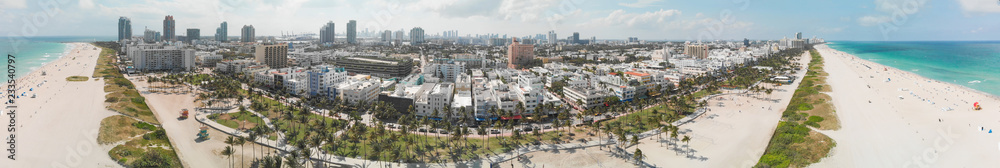 MIAMI - APRIL 2018: Aerial panorama of Miami South Beach skyline and coastline..The city attracts 20 million tourists annually