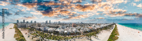 Aerial sunset panoramic view of Miami South Beach, Florida from drone