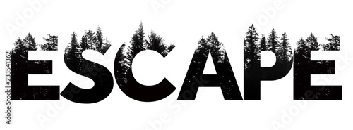 Fotografie, Obraz Escape word made from outdoor wilderness treetop lettering
