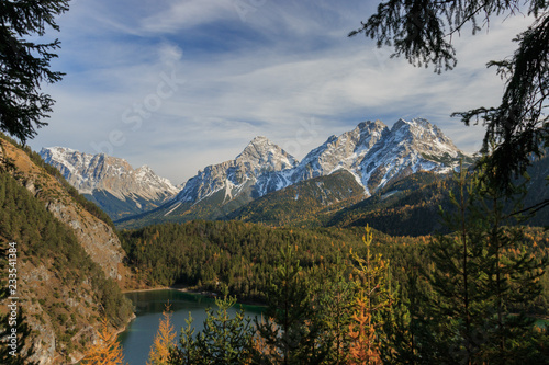Panoramic view of Mieminger mountains in the European Alps with Blindsee lake.
