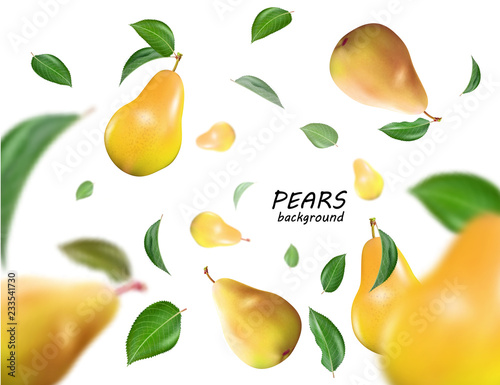 Vector falling orange pears isolated on white background. The fruit as a whole. Realistic objects, 3D