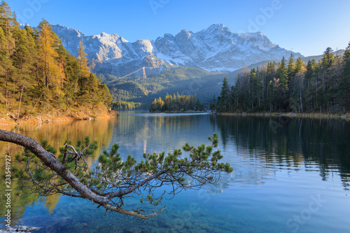 Beautiful Lake Eibsee with Zugspitze mountain in the German alps.