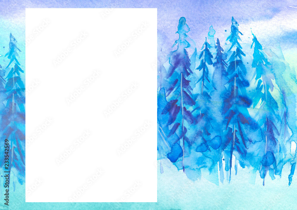 Watercolor winter art illustration. Drawing of the blue forest, pine tree, spruce, cedar. Dark, dense forest, suburban landscape. Postcard, logo, card. Misty forest, haze. With space for text 