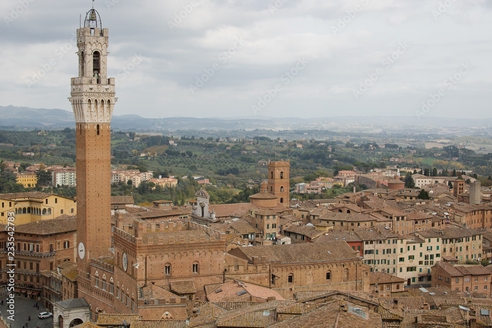 Siena, panoramic view. Panoramic view of Siena with main tower of the city in foreground