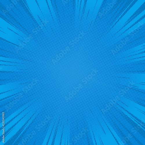 Radial blue speed lines and halftone dots for comic books. Explosion background