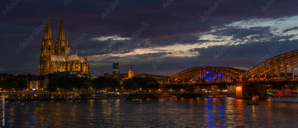 Cologne Cathedral at Night on the River Rhine, Germany