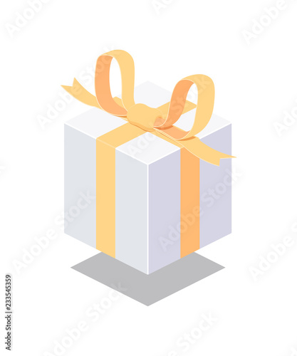 Paper gift box with yellow bow and ribbon. Isometric composition. Vector illustration